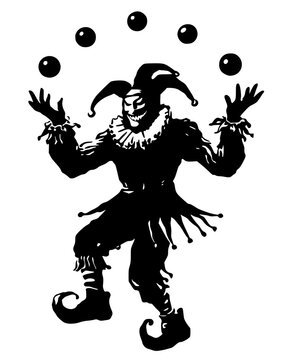 Black silhouette of jester juggling balls, bold vector design symbolizing humor, play, and theatrical performance.