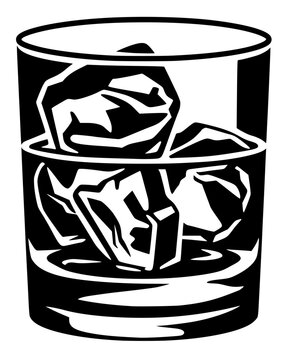 Black silhouette of tumbler glass with ice cubes, bold vector design symbolizing refreshment, cocktails, and modern beverage culture.