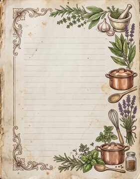 Vintage recipe page with lined copy space bordered by herbs, mortar and pestle, garlic, copper pots, whisk and lavender on aged paper. Hand-drawn culinary illustration.