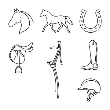 Set of Equestrian Line Art Icons Featuring Horse and Riding Gear