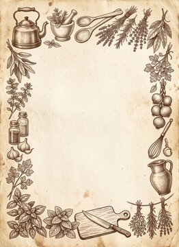 Vintage hand-drawn culinary border with kettle, mortar, herbs and kitchen utensils on aged paper. Herb sketches, spice jars, onion and garlic. Recipe card design. Cookbook menu background.