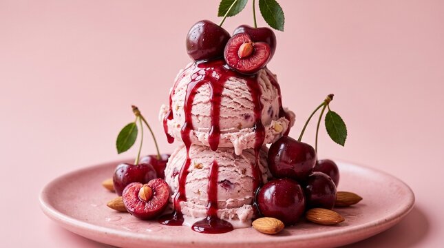 Cherry Delight Ice Cream: A decadent serving of cherry ice cream, adorned with fresh cherries, a drizzle of cherry sauce, and sprinkled almonds, presented on a pastel pink plate.