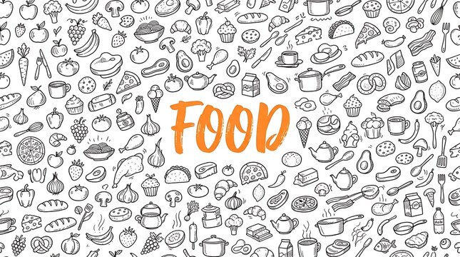 Seamless background pattern featuring various hand drawn food items and kitchen utensils with the word food written in the center