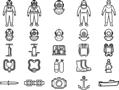 A collection of stylized, retro diving equipment icons, featuring divers in antique suits, helmets, air tanks, and various tools essential for underwater exploration.