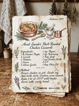 Vintage 1937 handwritten recipe page for herb-roasted chicken casserole on aged paper. Illustrated with casserole pot, herbs and kitchen utensils. Old family cookbook and home cooking