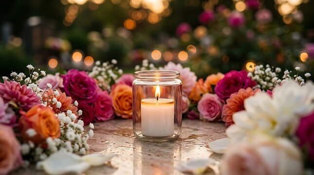A lit white candle in a glass jar surrounded by colorful blooming flowers on a stone surface