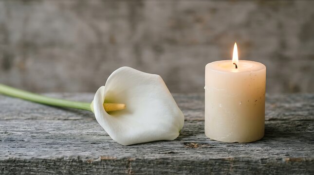 A single white calla lily flower lies next to a lit pillar candle on wooden surface with flower placed horizontally