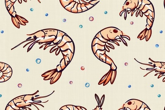 Shrimp pattern with bubbles on textured beige fabric background.