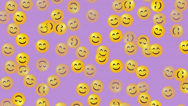 A 4K resolution seamless loop pattern animation featuring a cheerful yellow emoji face design on a soft purple background