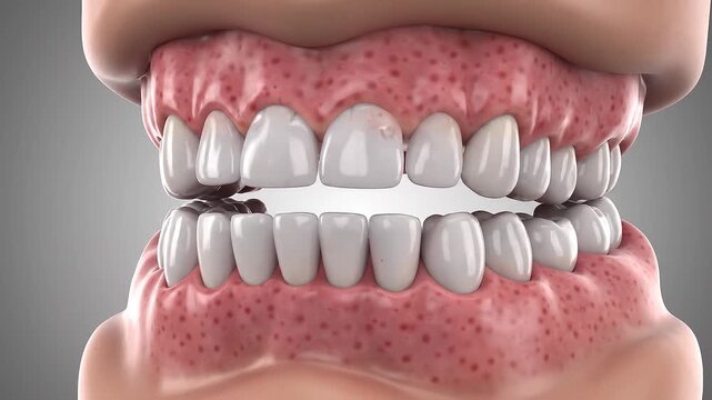 Detailed 3D CGI render of a human mouth showcasing dental anatomy and common oral health issues like cavities and gum inflammation