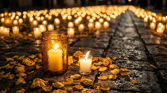 Lit candles in glass jars and scattered flower petals placed on a dark stone cobblestone street with containers scattered yellow