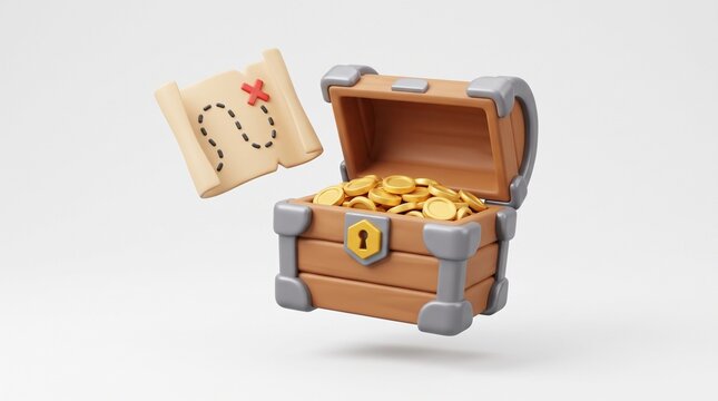3D open wooden treasure chest full of gold coins with pirate treasure map for adventure and reward concept discovery adventure, prize reward, finance growth, and wealth