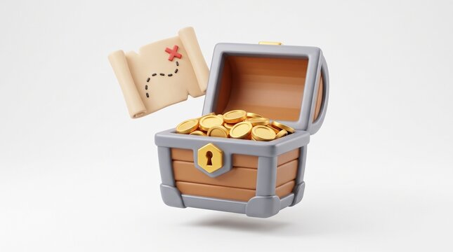 3D open wooden treasure chest full of gold coins with pirate treasure map for adventure and reward concept discovery adventure, prize reward, finance growth, and wealth