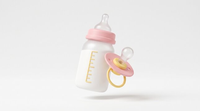 3D baby milk feeding bottle with milk and blue pacifier dummy for newborn care, childcare, and infant nutrition concept measurement scale and dummy pacifier representing infant care