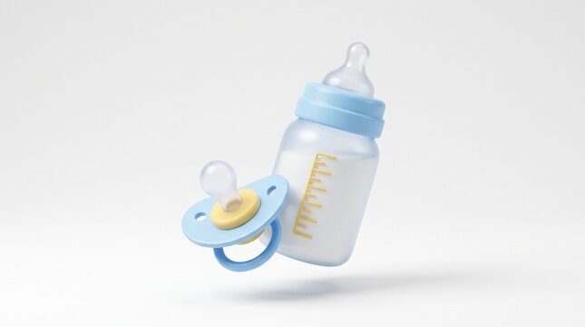 3D baby milk feeding bottle with milk and blue pacifier dummy for newborn care, childcare, and infant nutrition concept measurement scale and dummy pacifier representing infant care