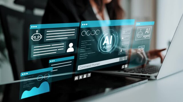 Modern Businessperson Using AI Technology in Futuristic Workspace with Digital Interface and Interactive Elements Displayed on Screen. Entropy.