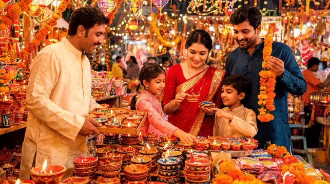 Diwali Shopping at Street Market with Flowers and Diyas