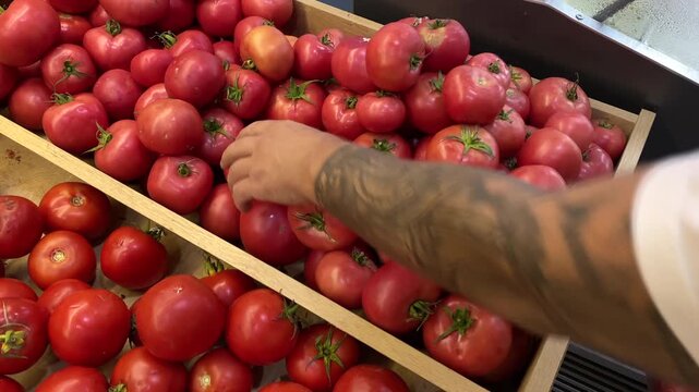 Male shopper examines a red tomato above a wooden produce crate, seen in close-up from above. Checking the condition of fresh vegetables during grocery shopping for salads and everyday home cooking