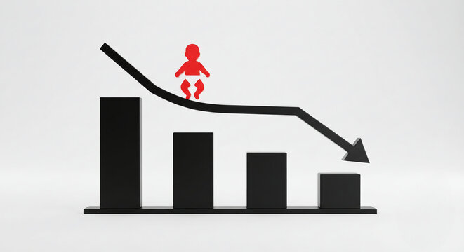 ​A conceptual 3D graphic showing a red baby icon on a downward trending bar chart representing a declining birth rate.