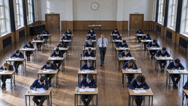 Silent Secondary School Examination Hall Seen From Above With Students Writing Answers at Individual Desks While Invigilator Walks Along Aisle During Final Test