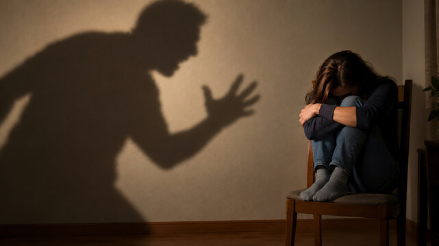 A terrified woman sits huddled on a chair while the menacing shadow of an aggressive person looms large on the wall behind her. 