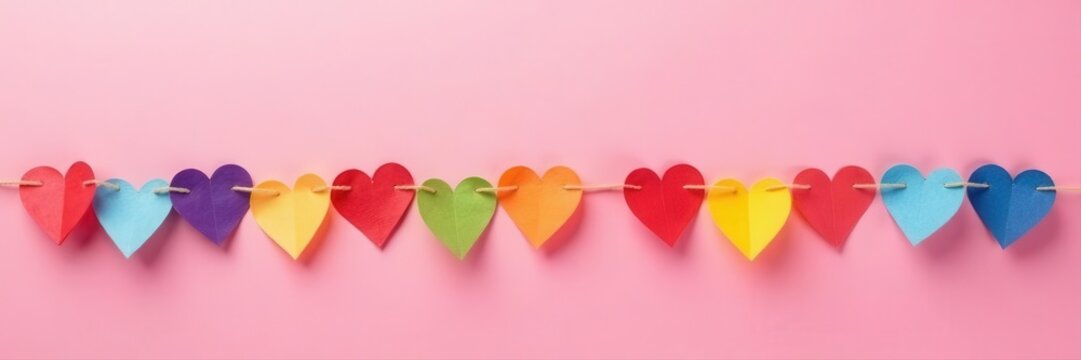 Rainbow paper hearts in line on pink background, top view, cute, inclusion