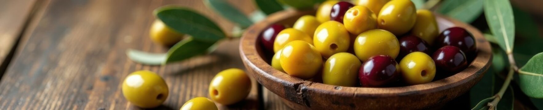 Variety of fresh olives on rustic wooden plate, olive branches , diet, nature