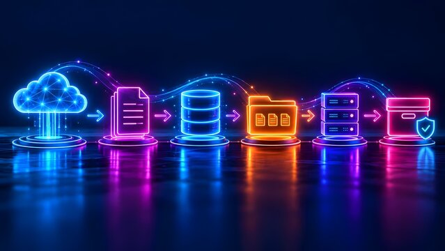 Digital data flow process and cloud computing infrastructure with neon icons and arrows showing secure information transfer pipeline