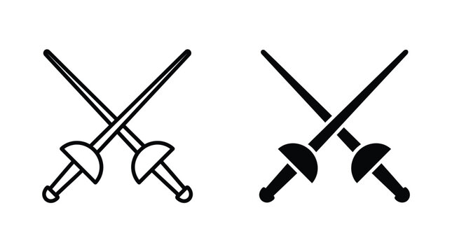 Crossed fencing swords shown in sharp black outline and solid silhouette vector style graphic design icon