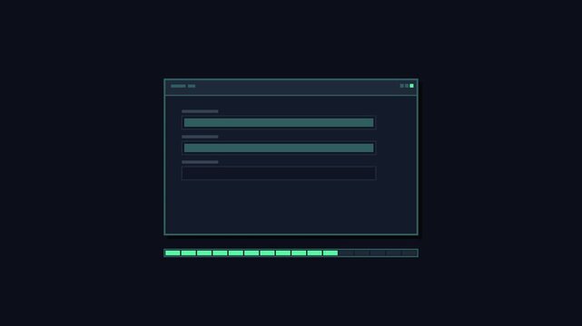 Futuristic software interface animation with interactive toggles and loading bar