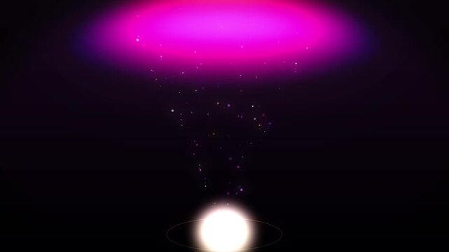 Bright glowing orb emits particles up towards a vibrant purple light ring in dark background
