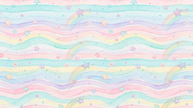Seamless pattern with watercolor pastel rainbow waves, cute stars, and small flowers, whimsical dreamy background for nursery or stationery