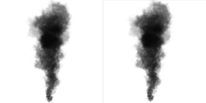 Black smoke plumes rising on white background, dark vapor clouds for fire or pollution effects, textured steam illustration for industrial design