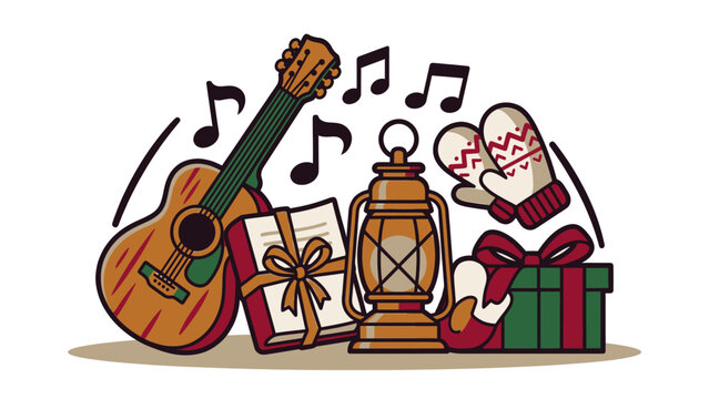 Christmas festive composition with guitar, lanterns, mittens, and gift boxes
