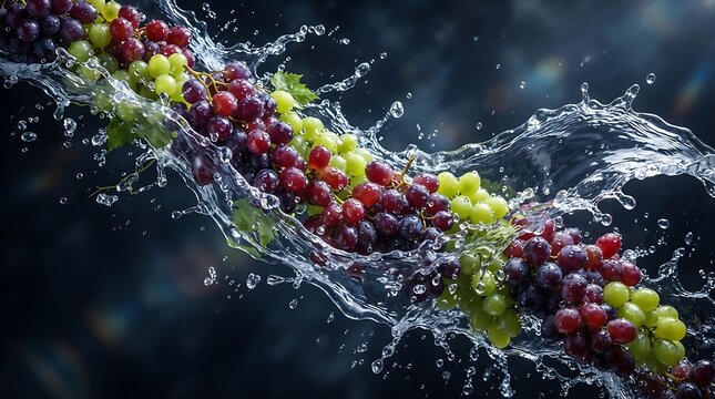 Fresh red and green grapes splashing in water against a dark