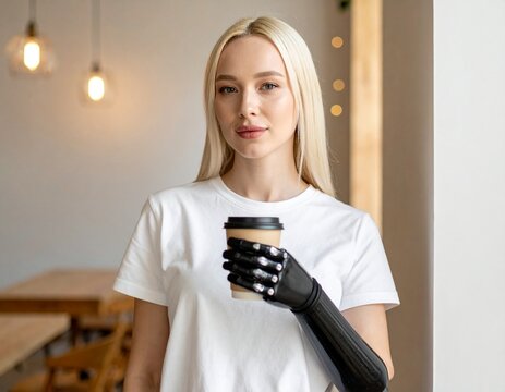 Young blonde woman with a bionic prosthetic arm holding a takeaway coffee cup