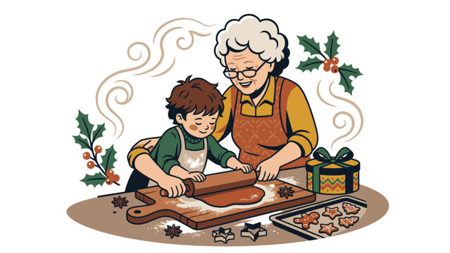 Grandmother and grandson baking Christmas cookies together, a sweet holiday tradition