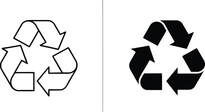 Universal Recycling Symbol with Triangular Arrows Icon Set, Eco Friendly Waste Reduction Line and Solid Vector Symbol