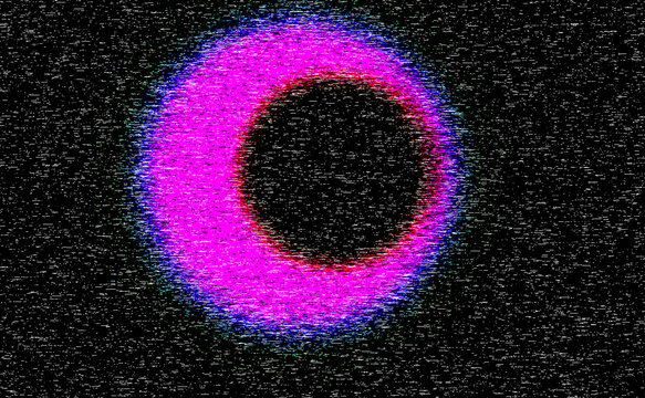 Abstract neon pink circle shape with digital glitch effect on a dark black background displaying static television noise interference texture for modern graphic design and retro technology projects
