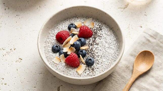 Healthy chia seed pudding bowl with fresh raspberries blueberries and sliced almonds for breakfast. keto chia pudding
