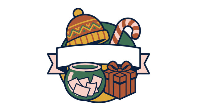 Festive holiday icon with winter hat, candy cane, gift, and raffle bowl