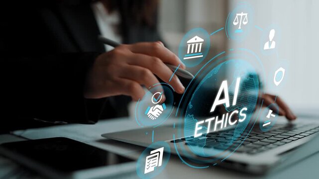 Professional Businessperson Discussing AI Ethics with Digital Icons Representing Technology, Justice, and Agreements in Modern Workspace Environment. Entropy.