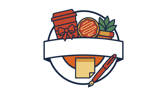 Christmas composition with coffee, donut, plant, and pen in a circular badge