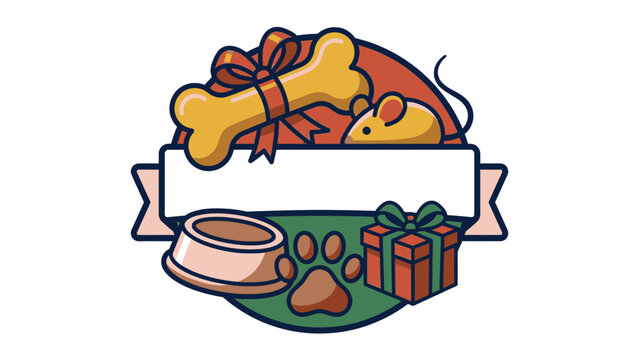 Christmas pet supplies badge with a dog bone, toy mouse, and gift