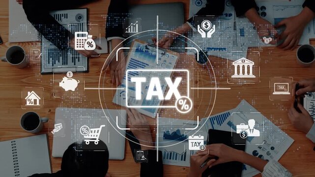 Collaborative Business Meeting on Tax Strategy with Digital Data Visualization and Financial Analysis Elements Sigmoid