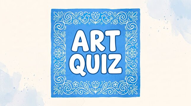 Art Quiz Title Card with Decorative Floral Border Illustration on Blue Background for Creative Education Games