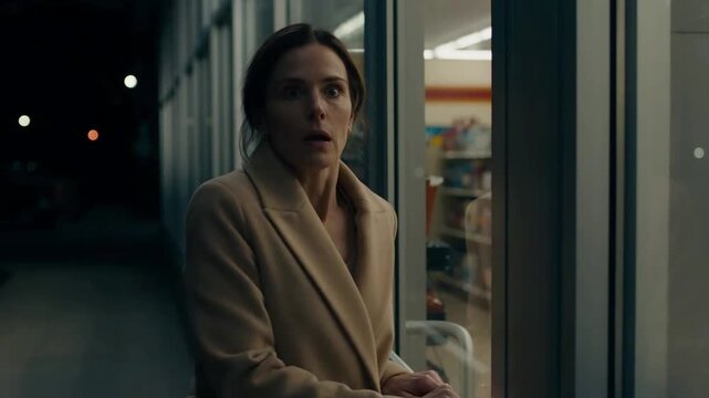 Startled woman in a tan coat looking frightened and gasping outside a brightly lit convenience store at night, cinematic lighting and suspenseful mood.