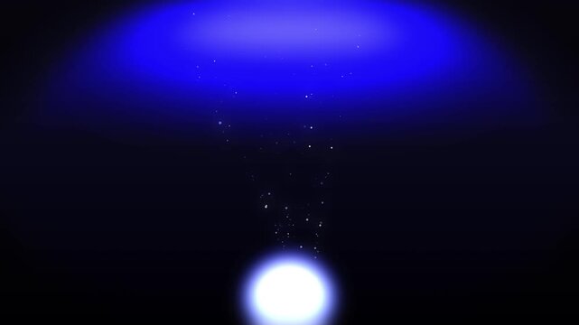 Ethereal glowing orb emits luminous particles upward into dark space with blue light