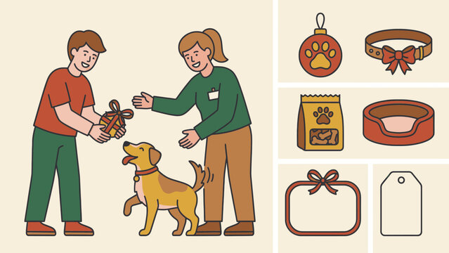 Man and woman give a Christmas gift to their happy dog with holiday pet accessories