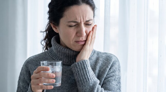 A woman experiencing toothache, holding her cheek and a glass of water, showing discomfort and pain.